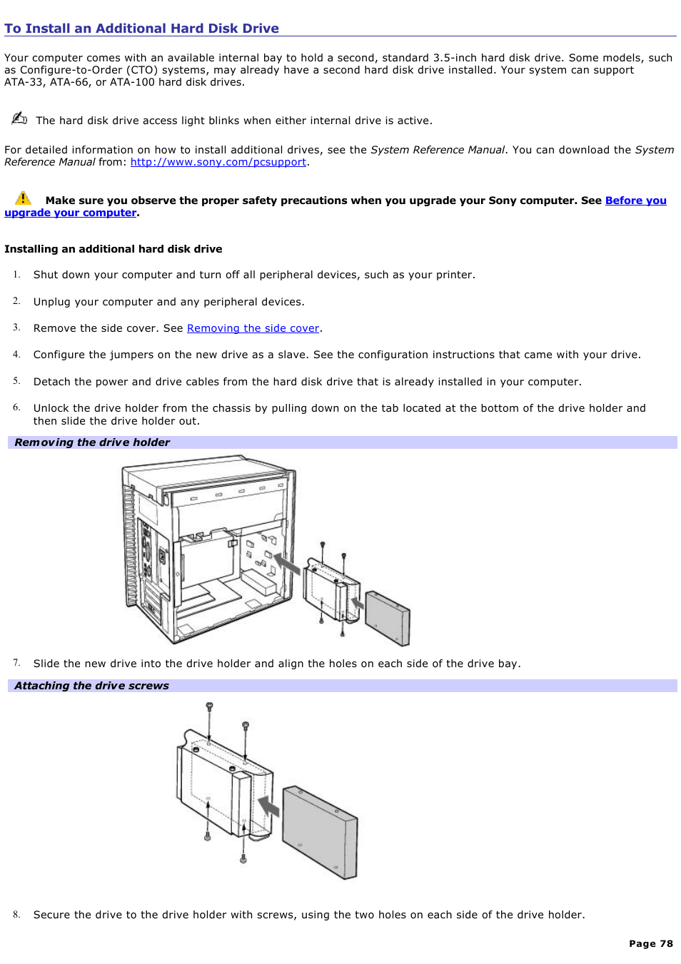 To install an additional hard disk drive | Sony PCV-RX741 User Manual | Page 78 / 80