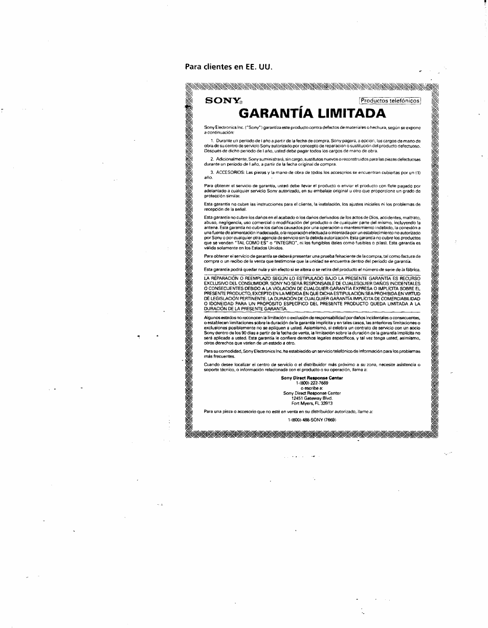 Para clientes en ее. uu, Garantia limitada, Para clientes en ее. uu. sony | Sony SPP-SS951 User Manual | Page 31 / 31