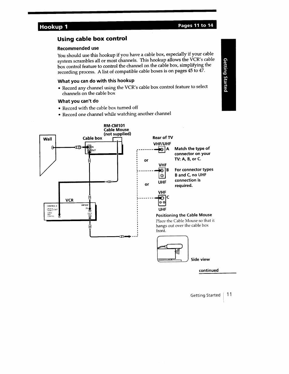 Hookup 1, Using cable box control, Recommended use | What you can do with this hookup, What you can't do | Sony SLV-779HF User Manual | Page 11 / 100