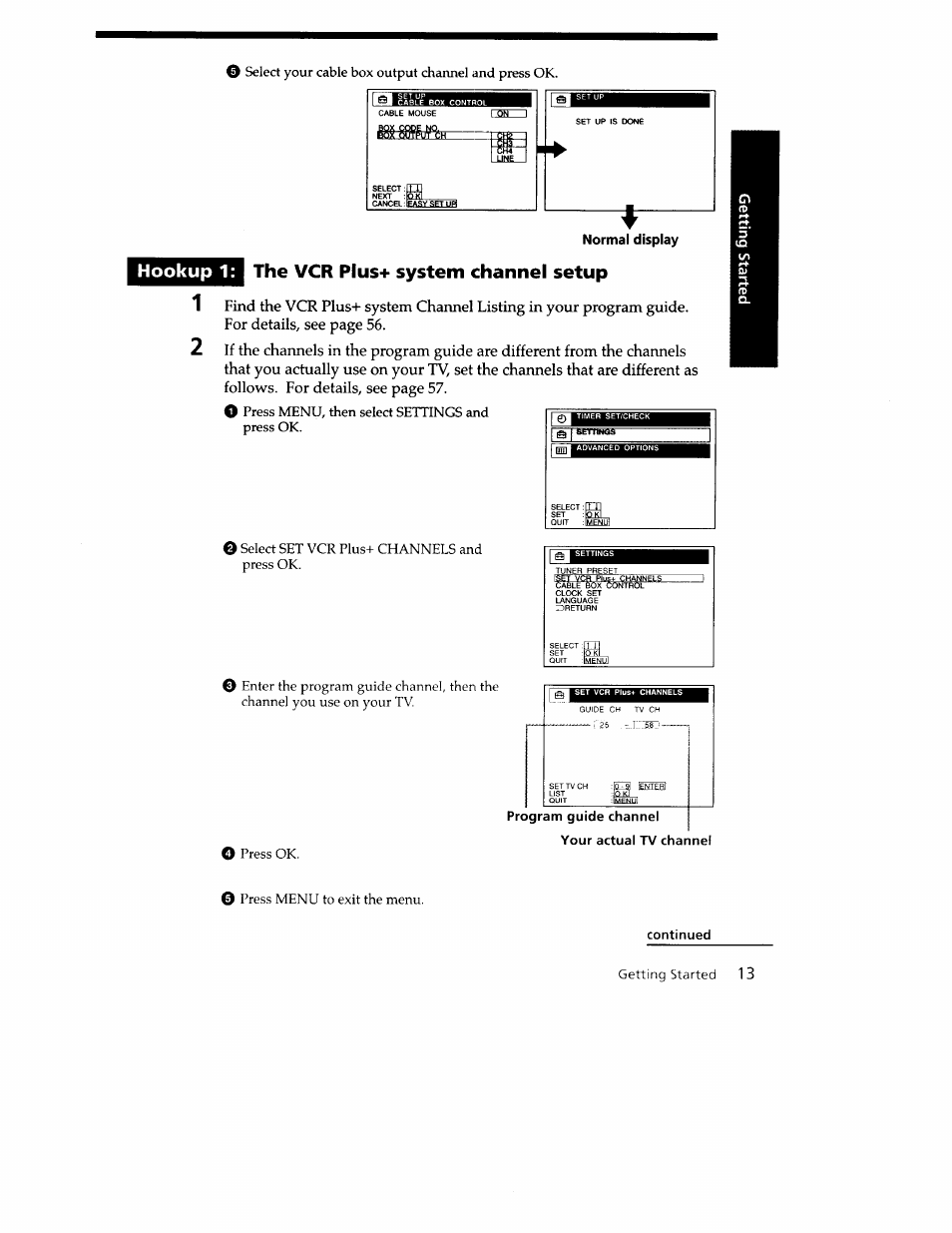 Hookup 1, Normal display, The vcr pius+ system channel setup | Sony SLV-779HF User Manual | Page 13 / 100