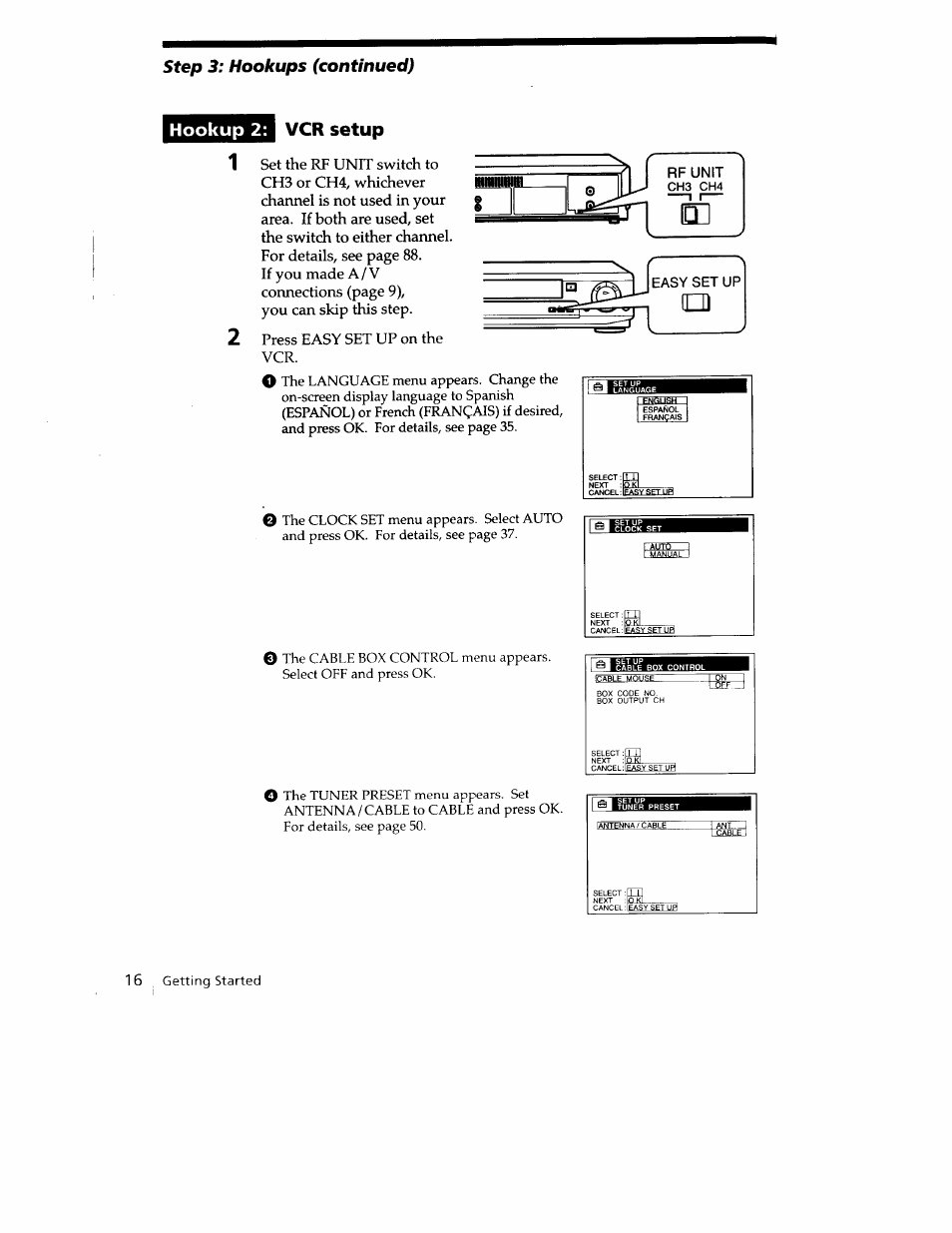 Hookup 2, Vcr setup, Hookup 2: vcr setup | Step 3: hookups (continued), Press easy set up on the vcr | Sony SLV-779HF User Manual | Page 16 / 100