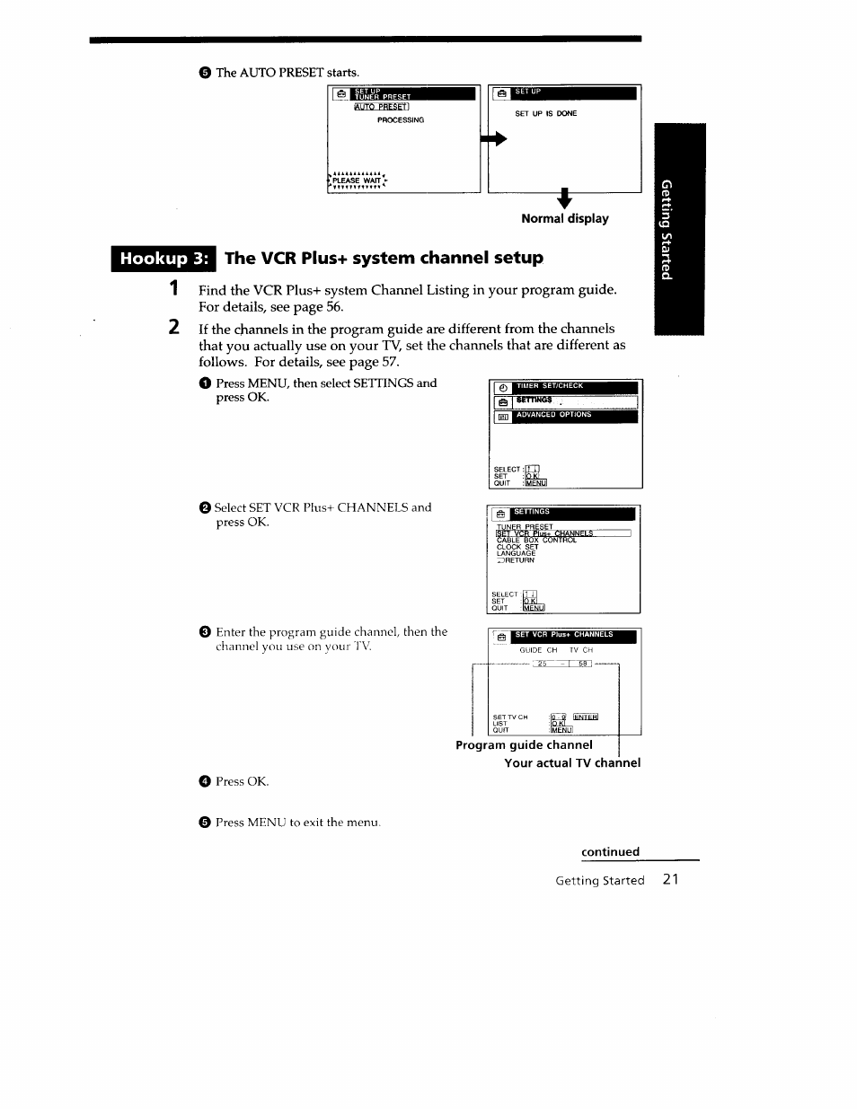 Hookup 3, The vcr plus+ system channel setup, Hookup 3: the vcr plus+ system channel setup | Sony SLV-779HF User Manual | Page 21 / 100
