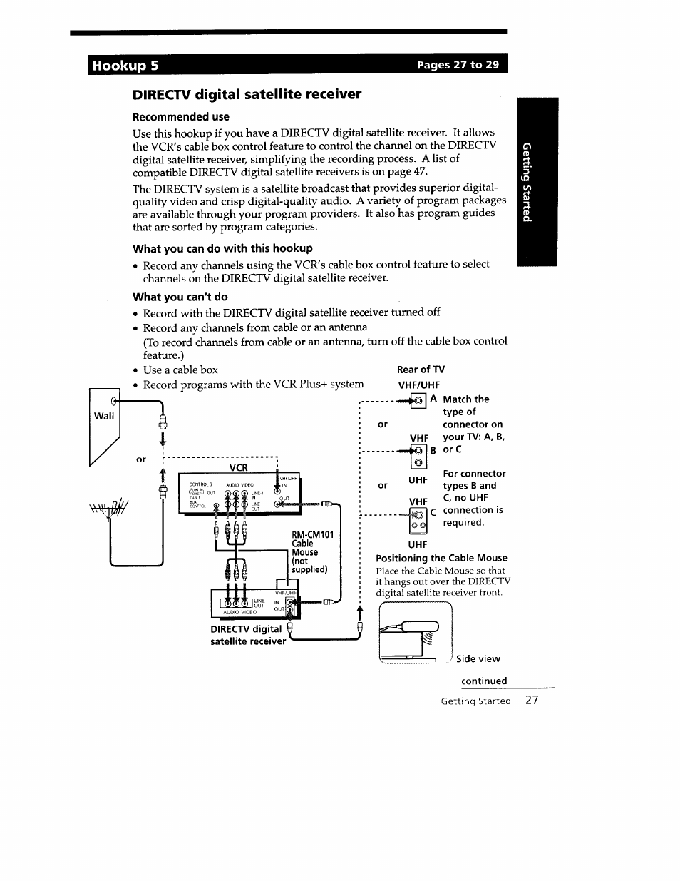 Directv digital satellite receiver, Recommended use, What you can do with this hookup | What you can't do | Sony SLV-779HF User Manual | Page 27 / 100