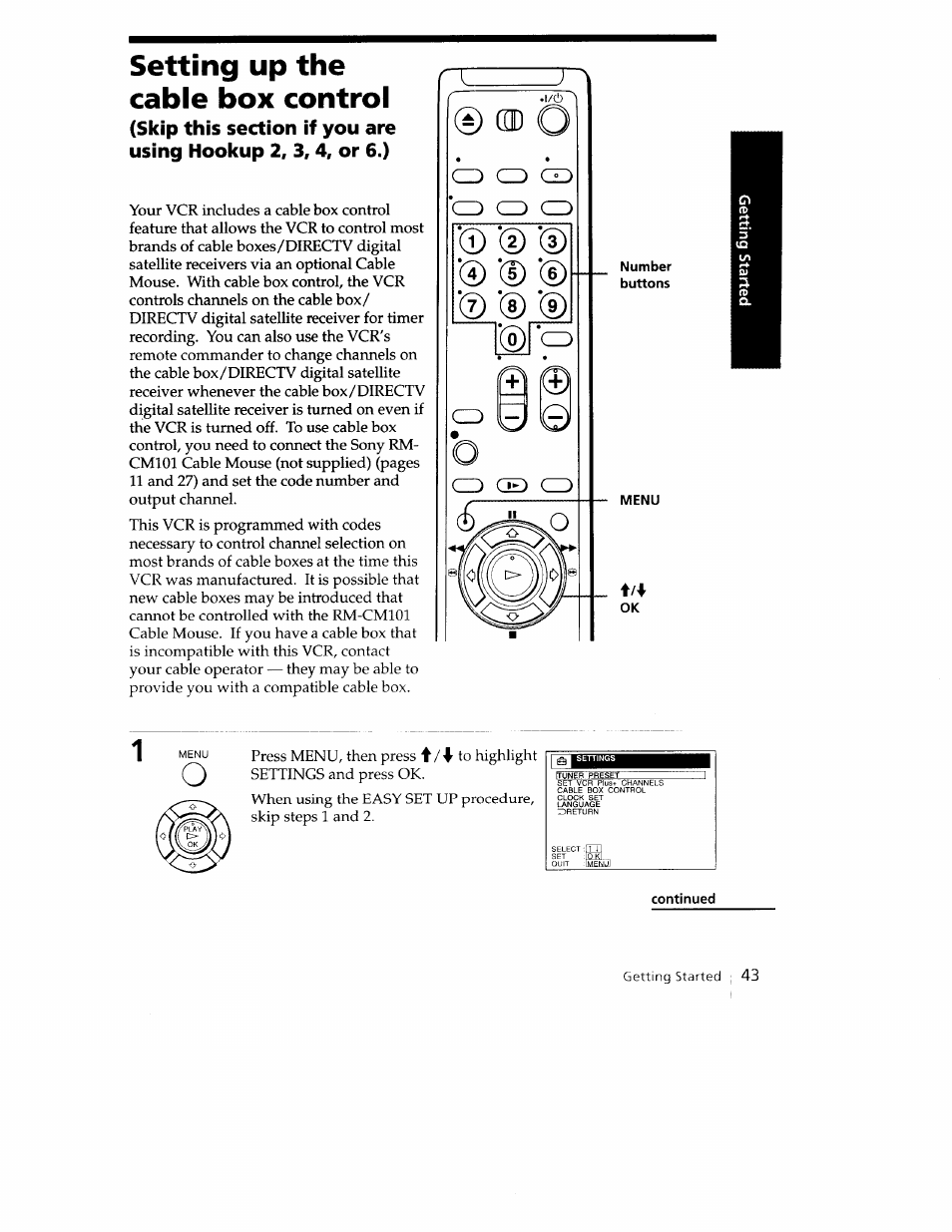 Setting up the cable box control | Sony SLV-779HF User Manual | Page 43 / 100