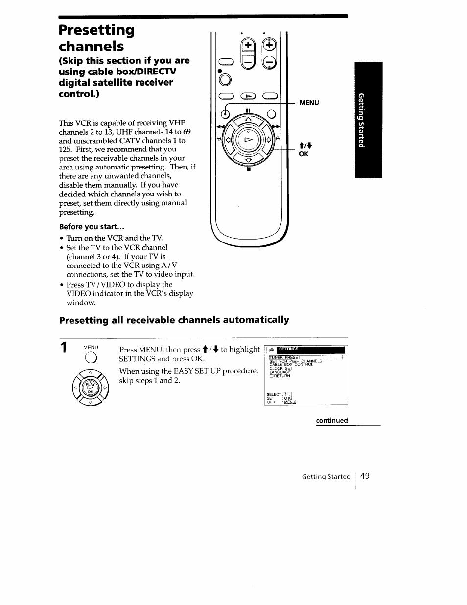 Presetting, Channels, Before you start | Presetting channels, Presetting all receivable channels automatically | Sony SLV-779HF User Manual | Page 49 / 100