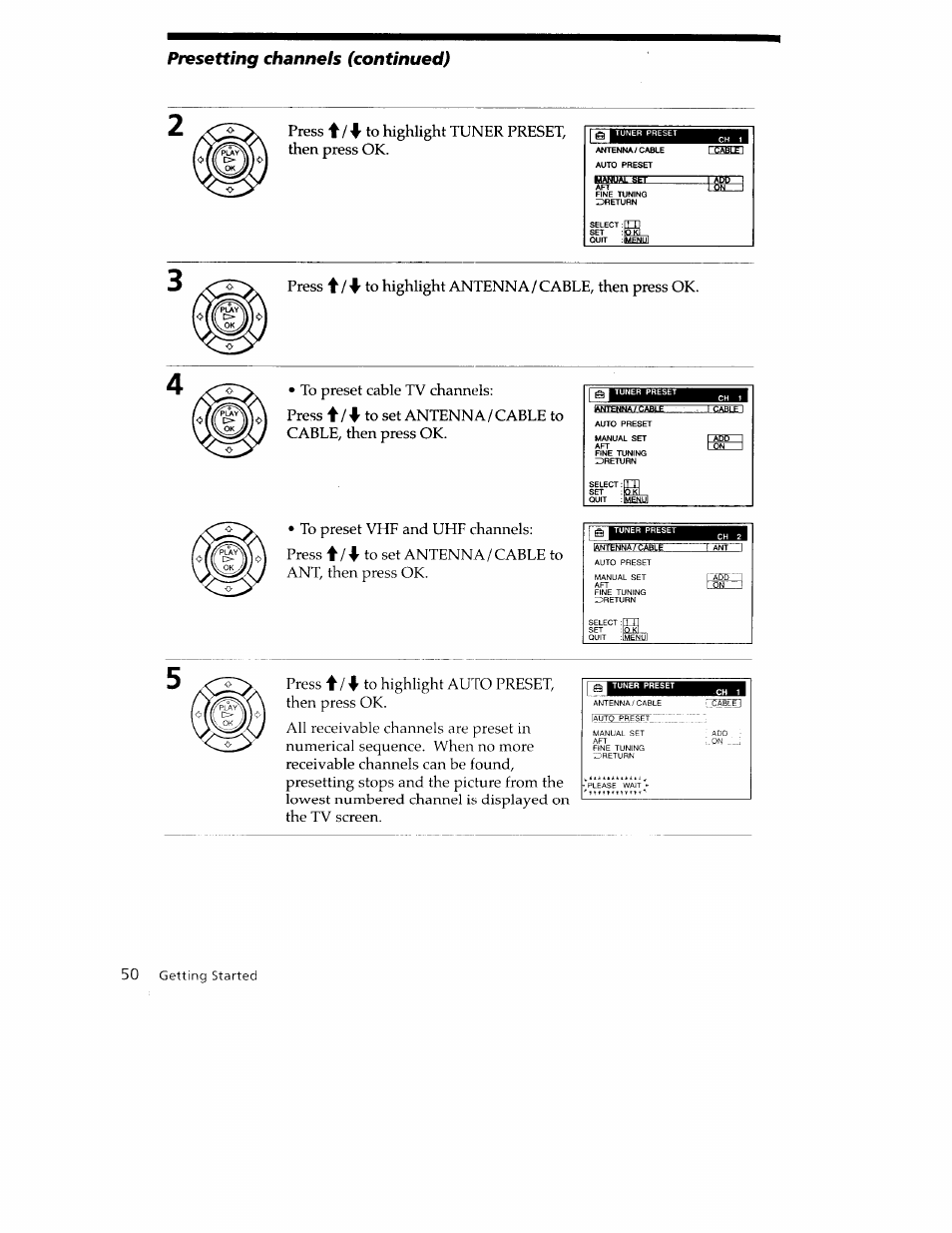 Presetting channels (continued), 50 getting started | Sony SLV-779HF User Manual | Page 50 / 100
