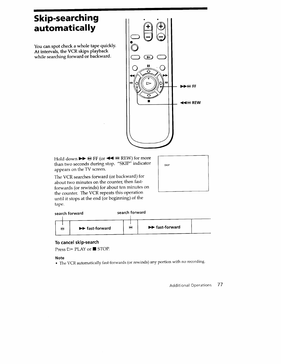 Skip-searching, Automatically, To cancel skip-search | Skip-searching automatically | Sony SLV-779HF User Manual | Page 77 / 100