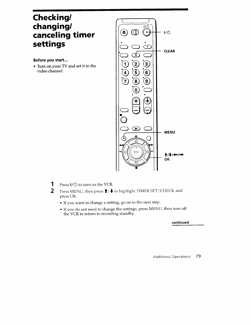 Before you start, Checking/ changing/ canceling timer settings | Sony SLV-779HF User Manual | Page 79 / 100