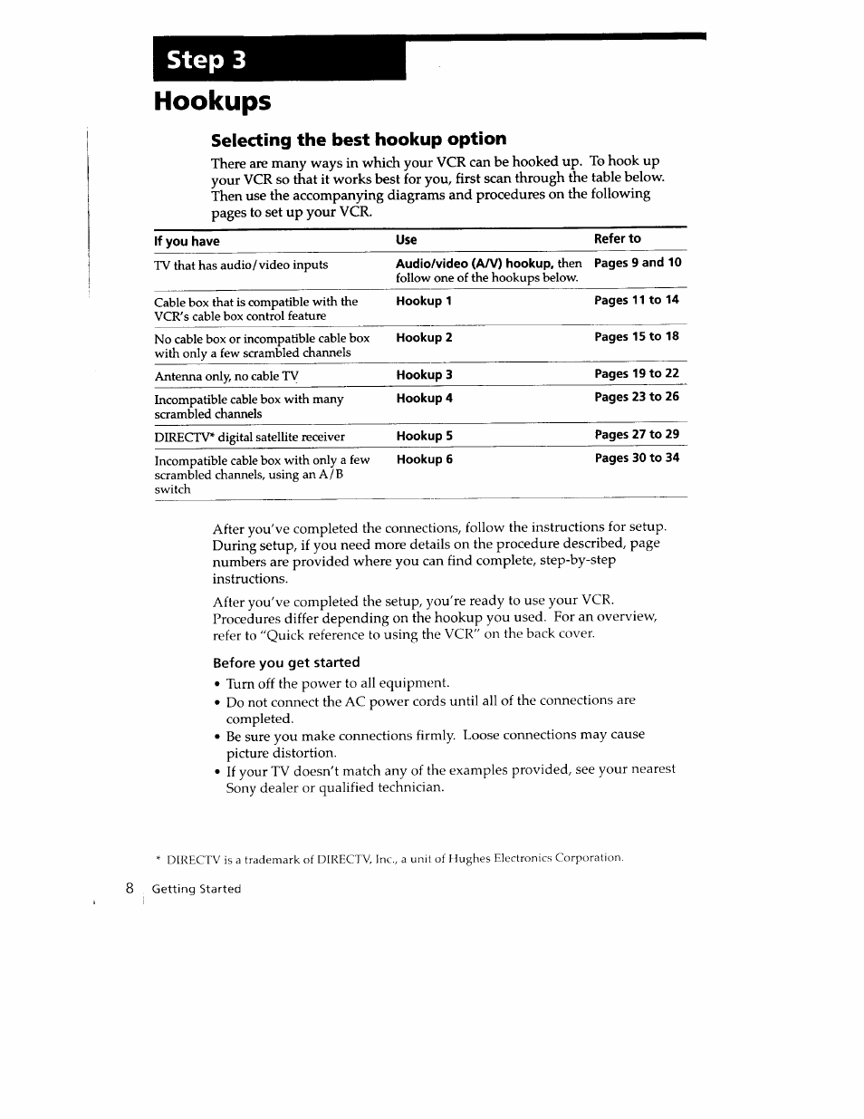 Step 3, Hookups, Selecting the best hookup option | Sony SLV-779HF User Manual | Page 8 / 100