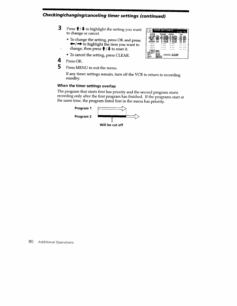 When the timer settings overlap | Sony SLV-779HF User Manual | Page 80 / 100