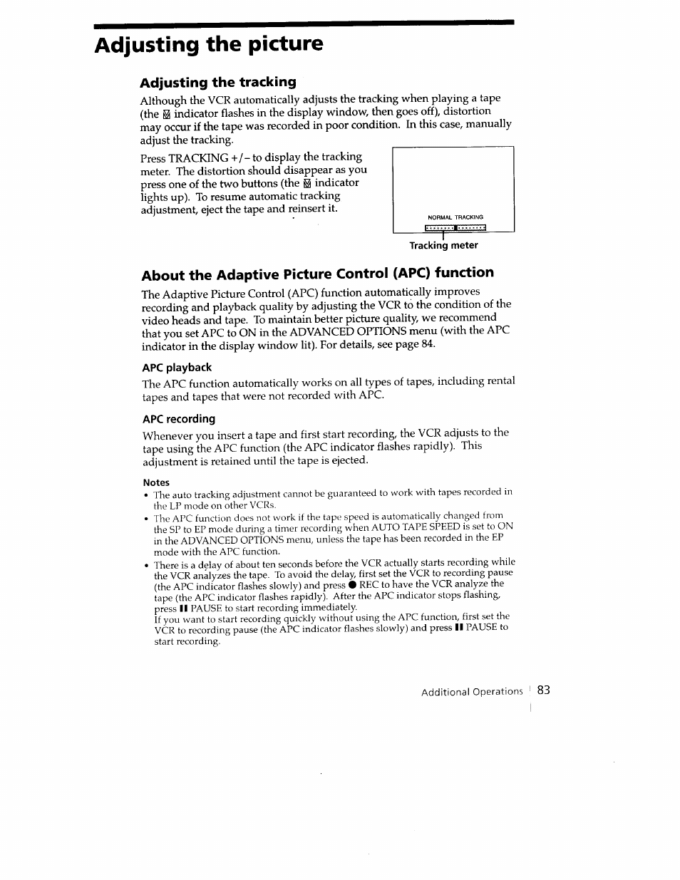 Adjusting the picture, Adjusting the tracking, About the adaptive picture control (apc) function | Apc playback, Apc recording | Sony SLV-779HF User Manual | Page 83 / 100
