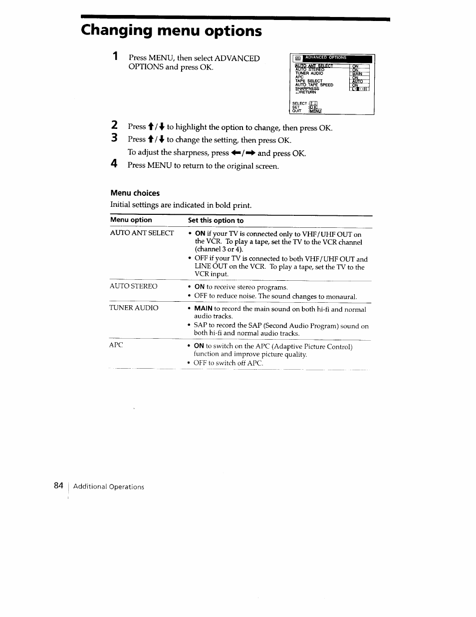 Changing menu options, Menu choices | Sony SLV-779HF User Manual | Page 84 / 100