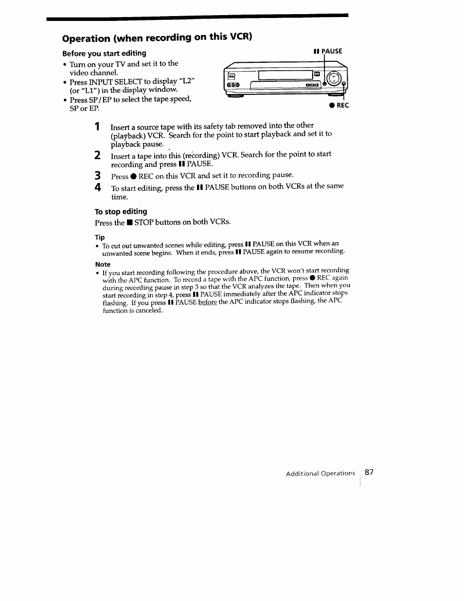 Operation (when recording on this vcr), Before you start editing, To stop editing | Sony SLV-779HF User Manual | Page 87 / 100