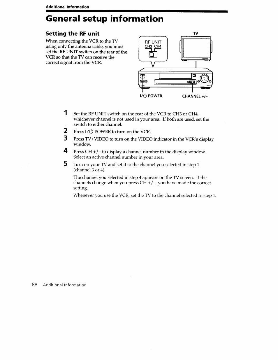 General setup information, Setting the rf unit | Sony SLV-779HF User Manual | Page 88 / 100