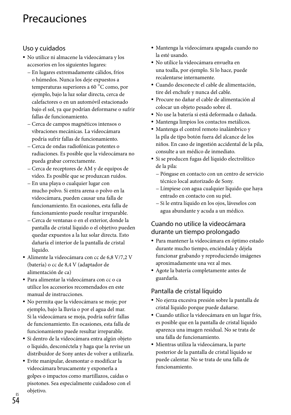 Precauciones, Uso y cuidados, Pantalla de cristal líquido | Sony HDR-XR100 User Manual | Page 118 / 130