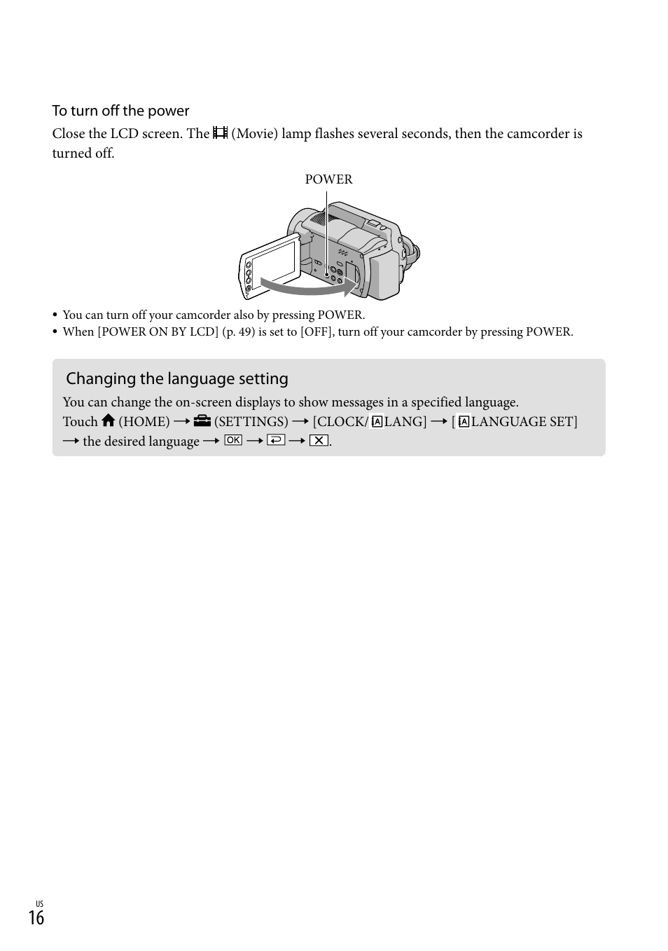 Changing the language setting | Sony HDR-XR100 User Manual | Page 16 / 130