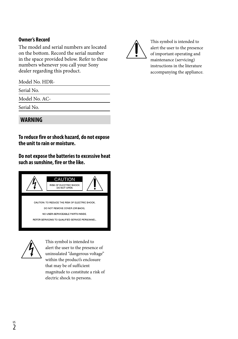 Operating guide, Warning | Sony HDR-XR100 User Manual | Page 2 / 130