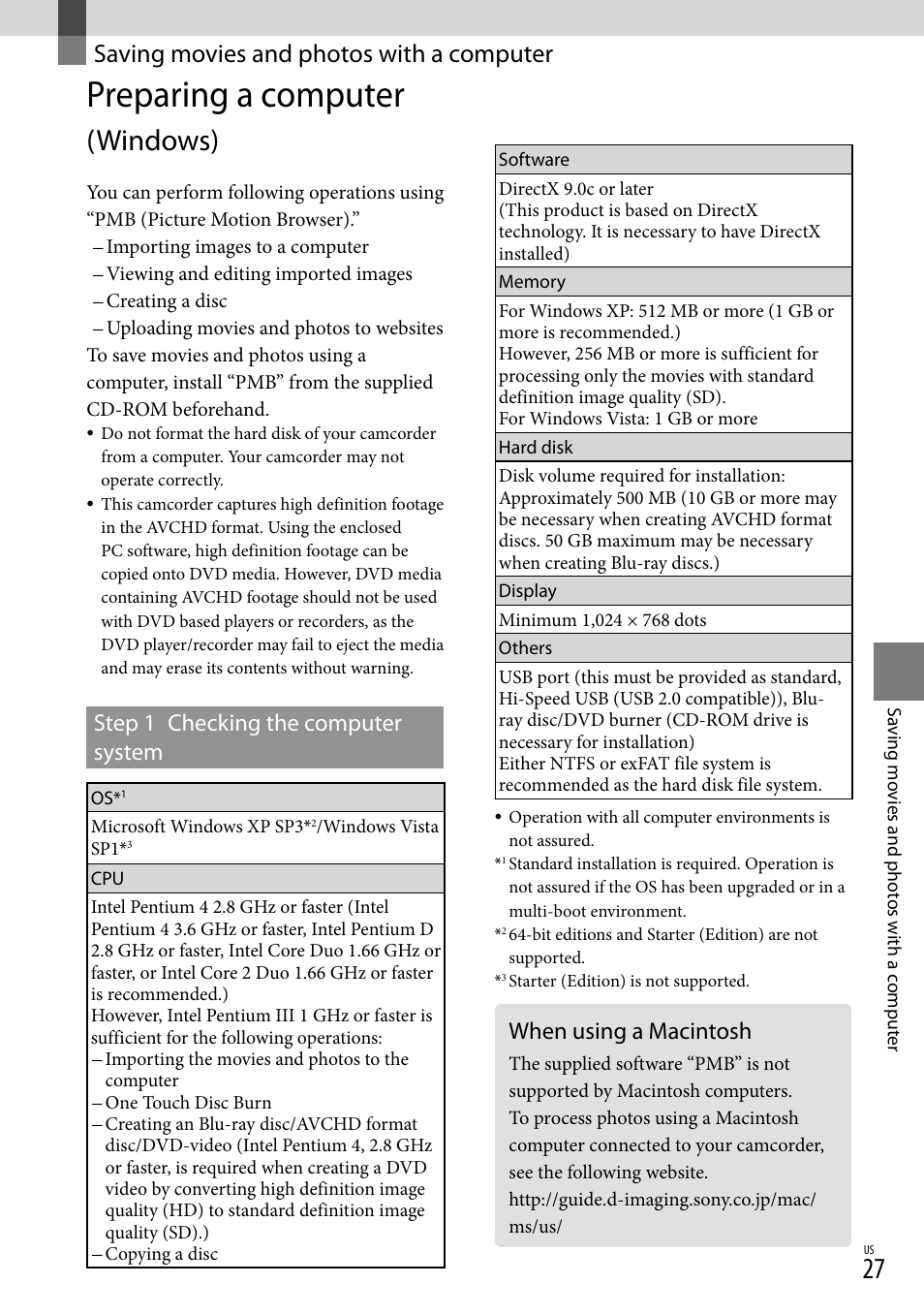 Saving movies and photos with a computer, Preparing a computer (windows), When using a macintosh | Preparing a computer, Windows), Step 1 checking the computer system | Sony HDR-XR100 User Manual | Page 27 / 130