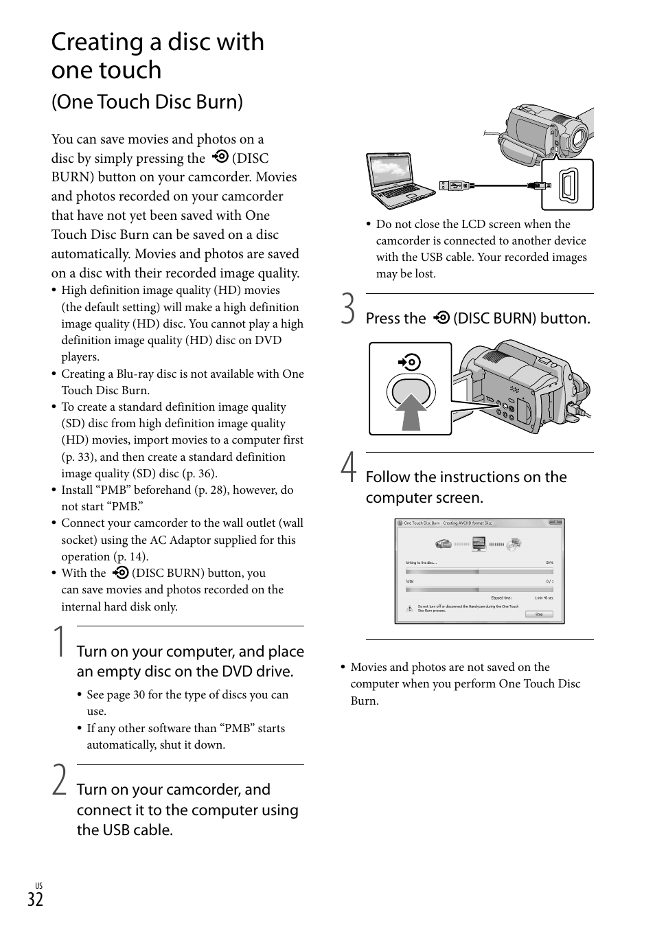 Creating a disc with one touch, One touch disc burn) | Sony HDR-XR100 User Manual | Page 32 / 130