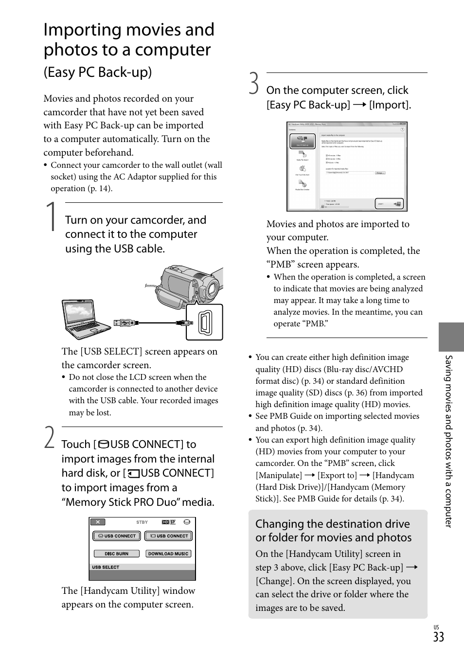 Importing movies and photos to a computer, Easy pc back-up), 33), a | Sony HDR-XR100 User Manual | Page 33 / 130