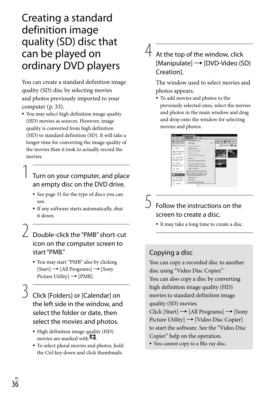 Copying a disc, On ordinary dvd players | Sony HDR-XR100 User Manual | Page 36 / 130