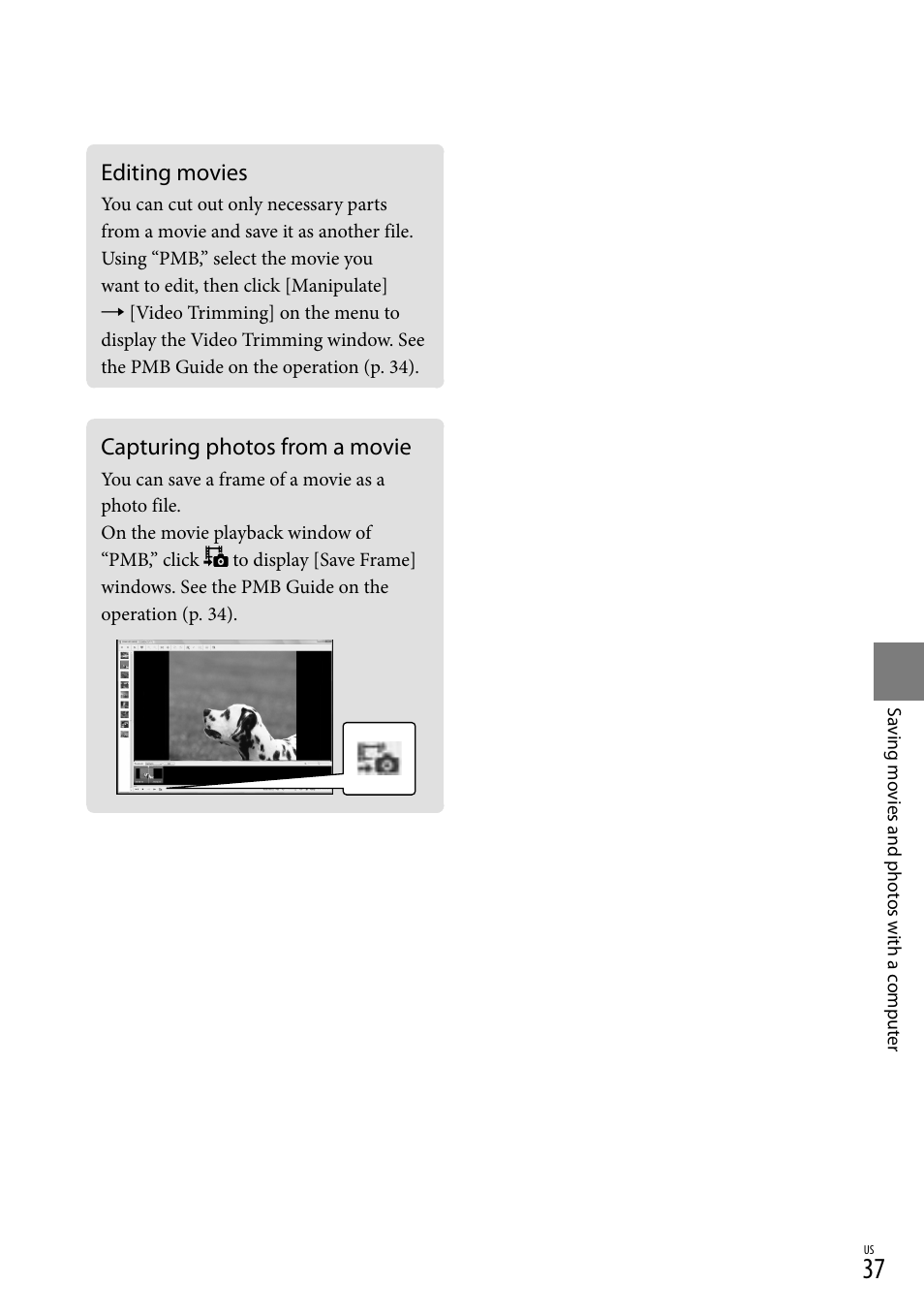 Editing movies, Capturing photos from a movie, Editing movies capturing photos from a movie | Sony HDR-XR100 User Manual | Page 37 / 130