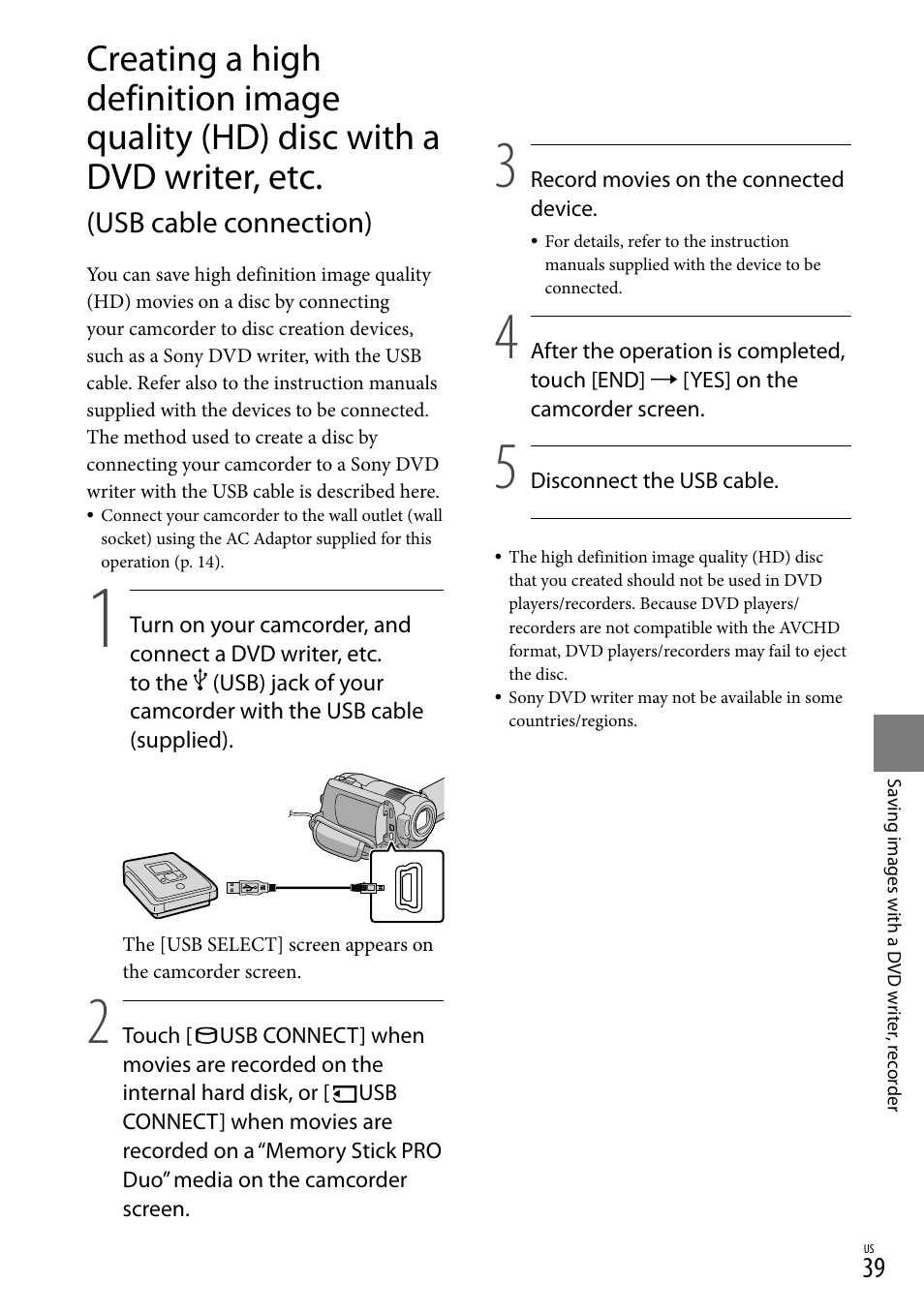 Usb cable connection) | Sony HDR-XR100 User Manual | Page 39 / 130