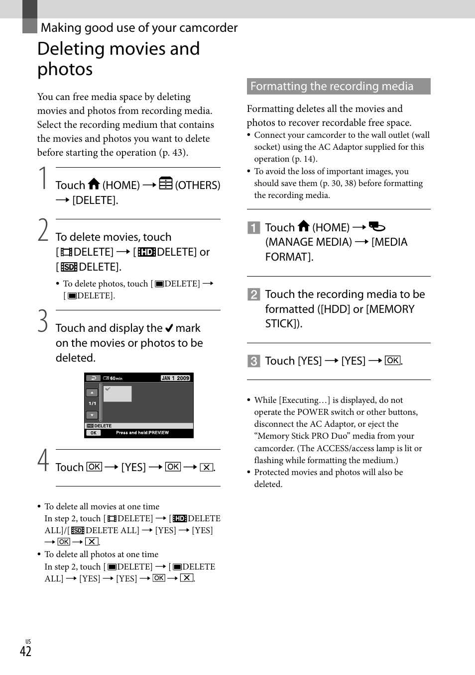 Making good use of your camcorder, Deleting movies and photos | Sony HDR-XR100 User Manual | Page 42 / 130