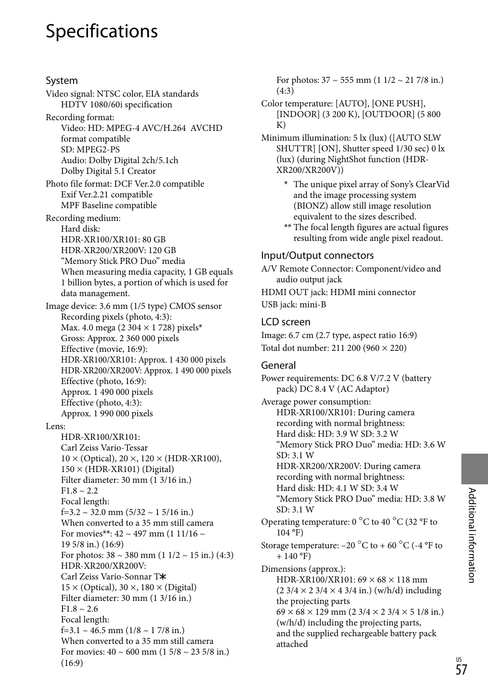 Specifications | Sony HDR-XR100 User Manual | Page 57 / 130