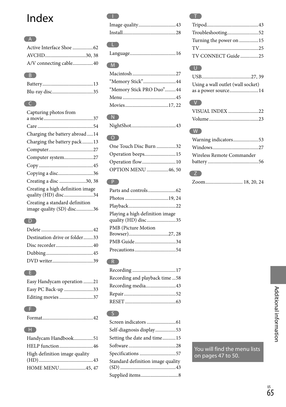 Index | Sony HDR-XR100 User Manual | Page 65 / 130