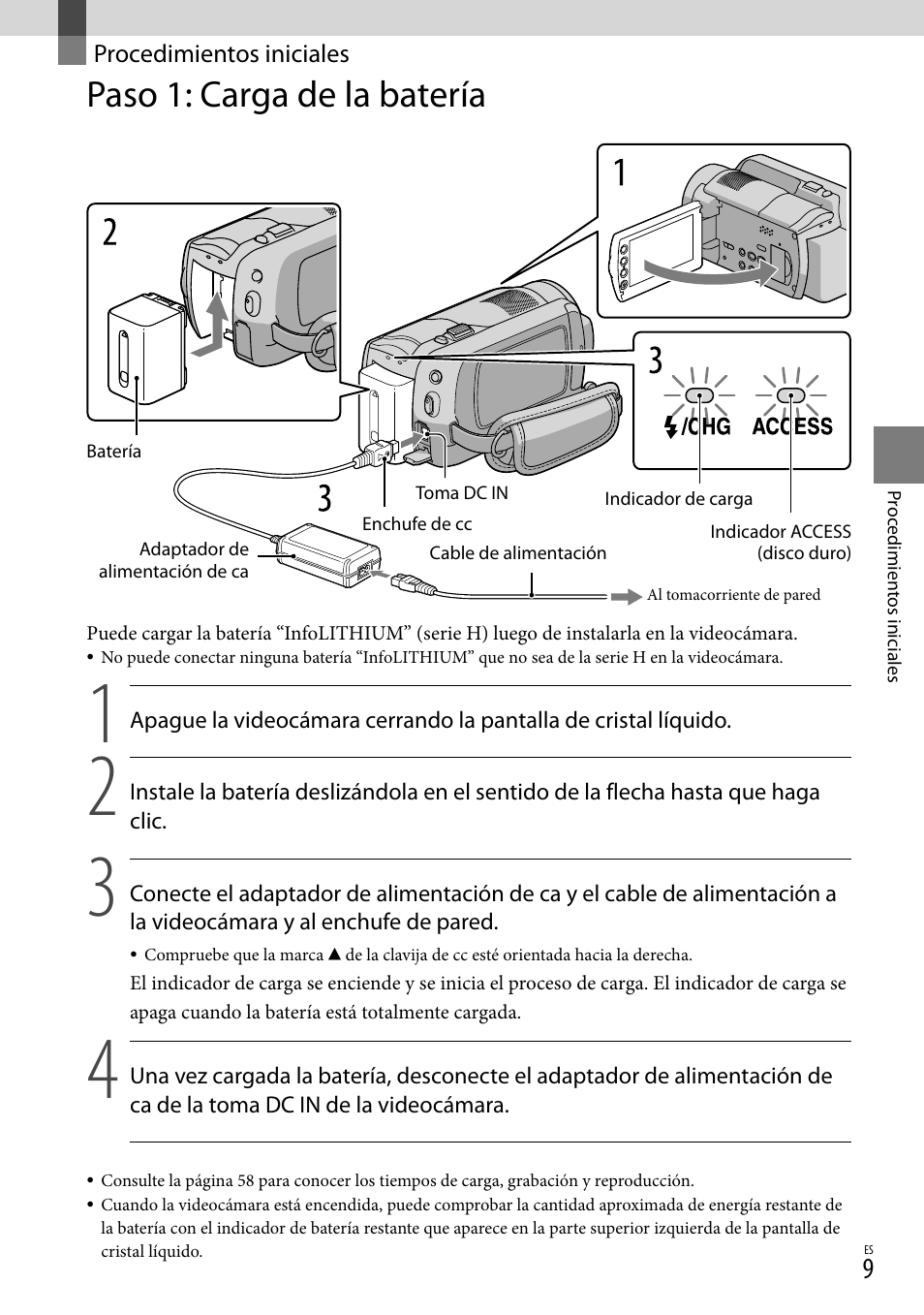 Procedimientos iniciales, Paso 1: carga de la batería | Sony HDR-XR100 User Manual | Page 73 / 130