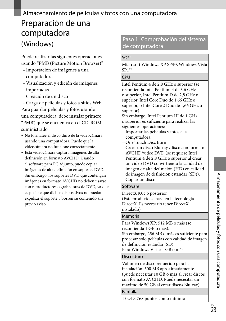 Preparación de una computadora (windows), Preparación de una computadora, Windows) | Paso 1 comprobación del sistema de computadora | Sony HDR-XR100 User Manual | Page 87 / 130