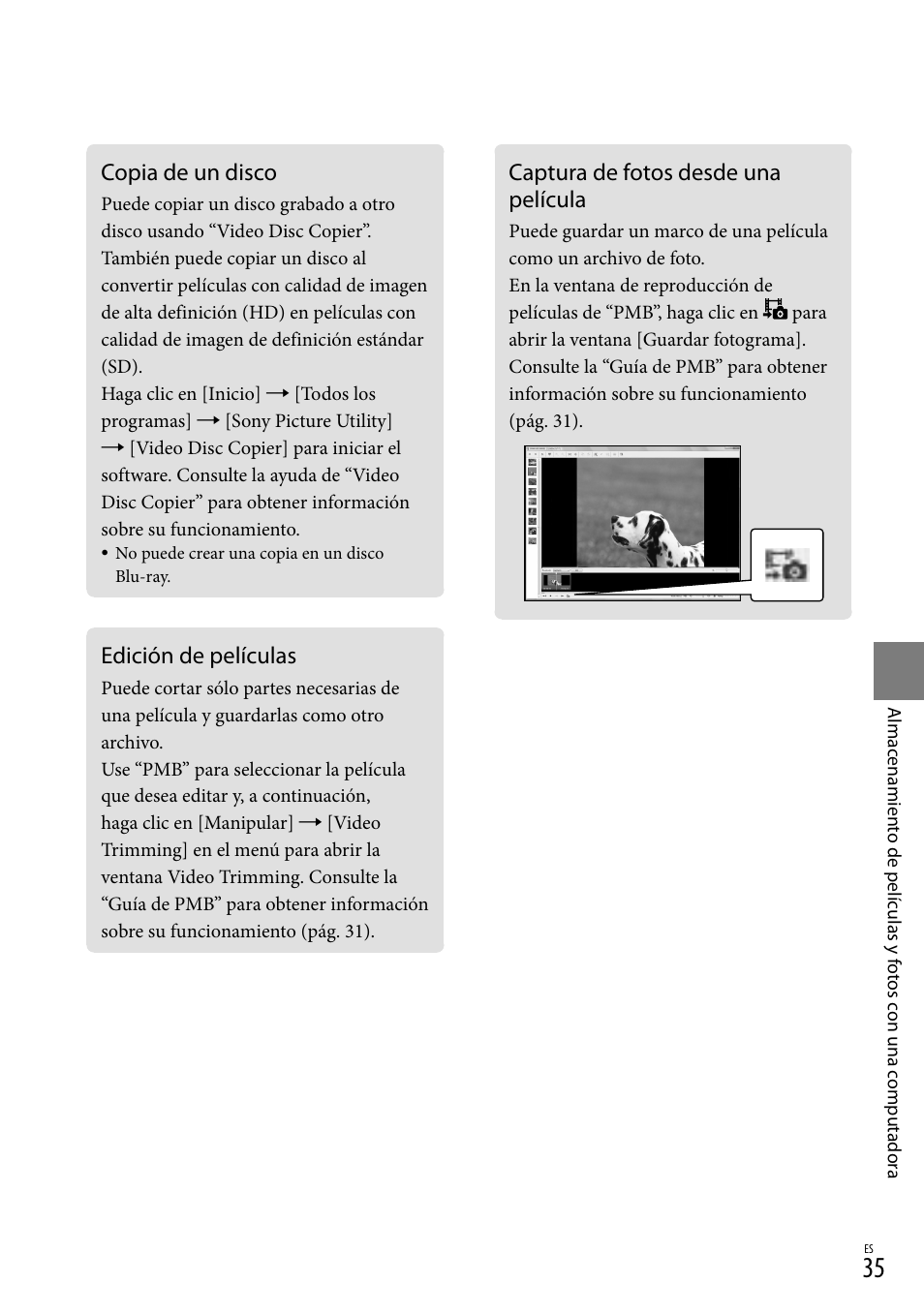 Copia de un disco, Edición de películas, Captura de fotos desde una película | Sony HDR-XR100 User Manual | Page 99 / 130