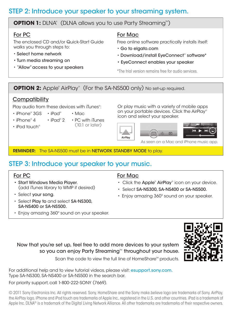 Step 3: introduce your speaker to your music, For pc, Compatibility | For mac, Option 1: dlna, Dlna allows you to use party streaming, Option 2: apple, Airplay, For the sa-ns500 only) | Sony SA-NS300 User Manual | Page 2 / 2
