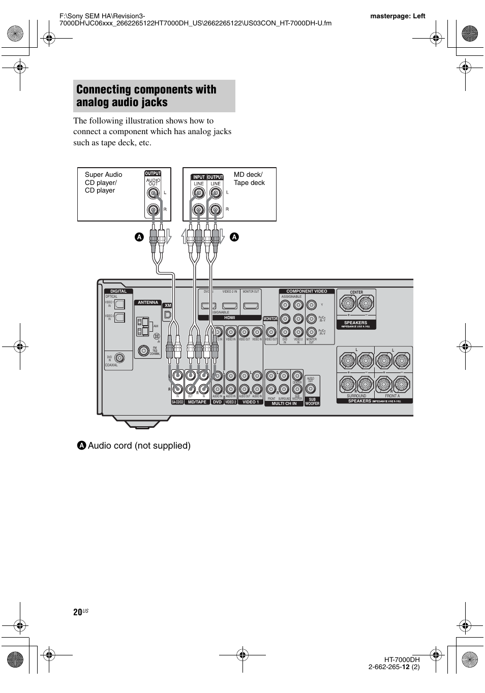 Connecting components with analog audio jacks, Aaudio cord (not supplied) a, Super audio cd player/ cd player | Md deck/ tape deck | Sony HT-7000DH User Manual | Page 20 / 84