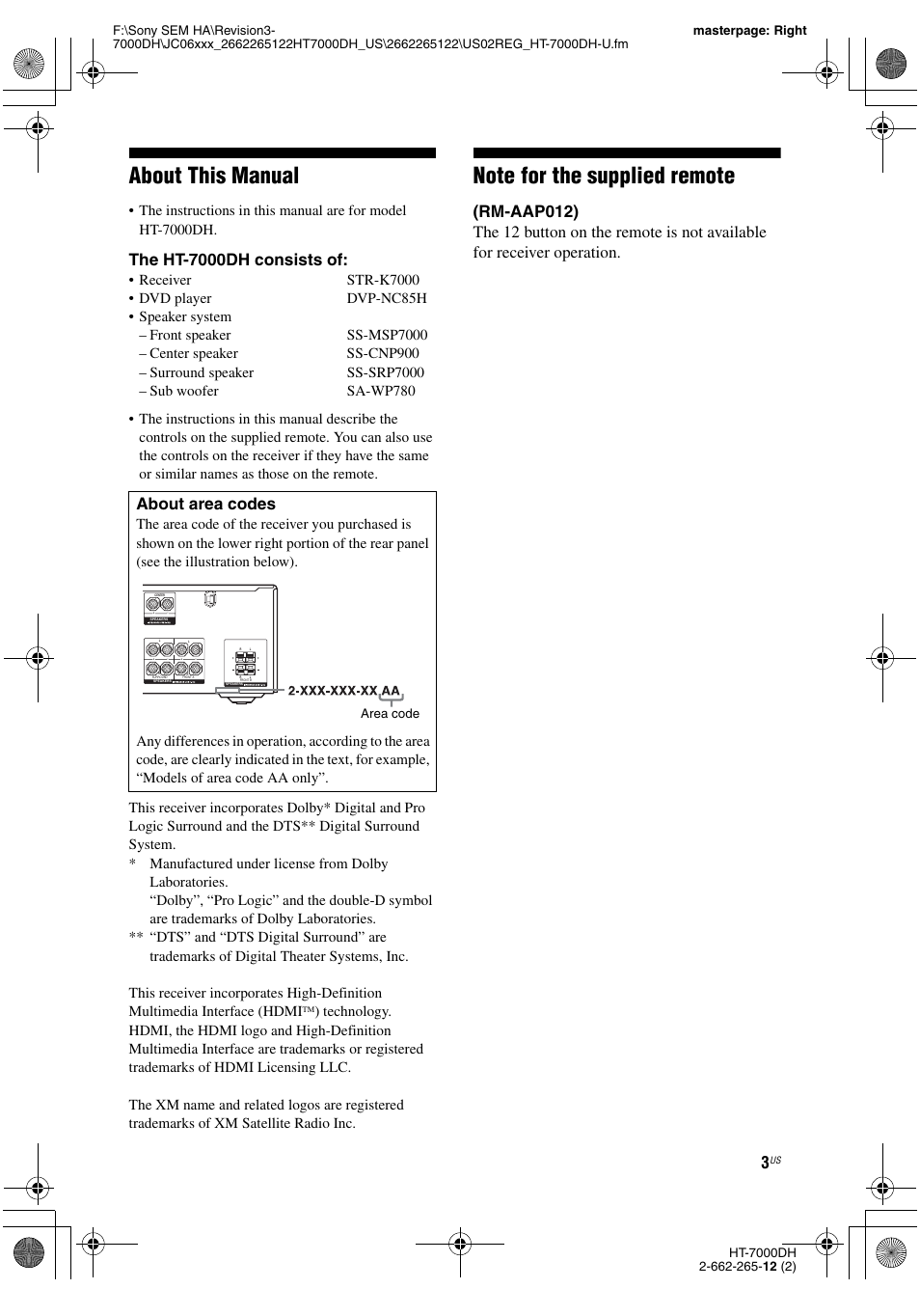 About this manual, The ht-7000dh consists of | Sony HT-7000DH User Manual | Page 3 / 84