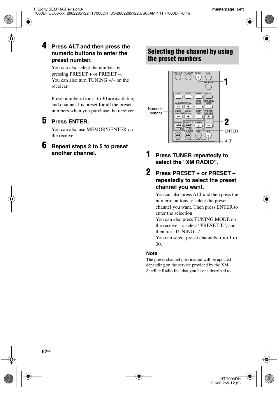 Selecting the channel by using the preset numbers, Press enter, Repeat steps 2 to 5 t o preset another channel | Press tuner repeatedly to select the “xm radio | Sony HT-7000DH User Manual | Page 62 / 84