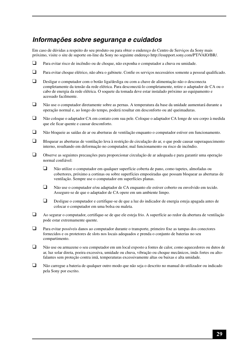 Informações sobre segurança e cuidados | Sony VPCSB190X User Manual | Page 29 / 36