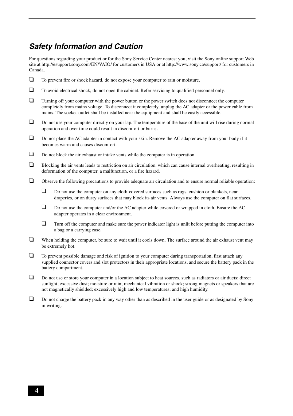 Safety information and caution | Sony VPCSB190X User Manual | Page 4 / 36