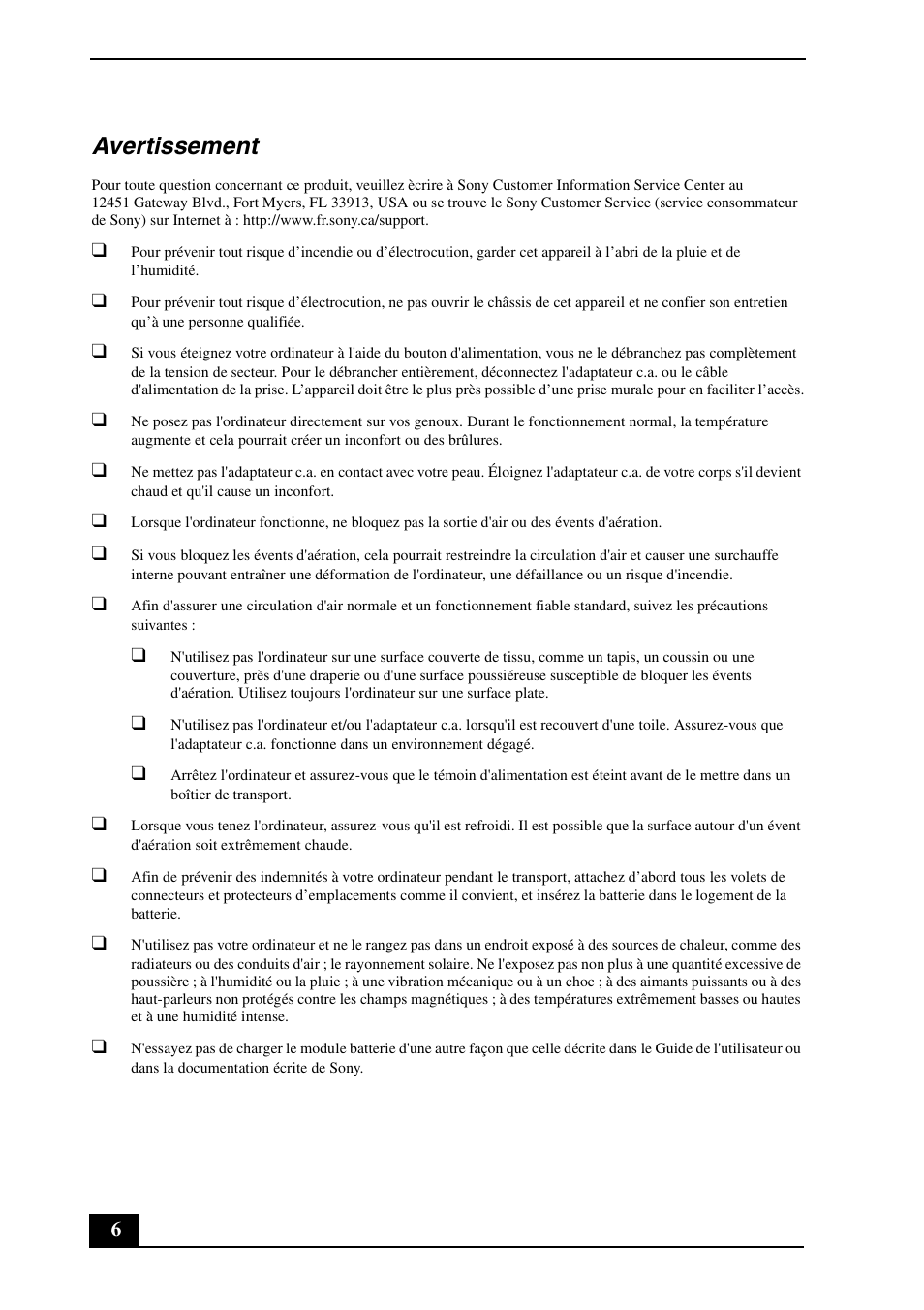 Avertissement | Sony VPCSB190X User Manual | Page 6 / 36