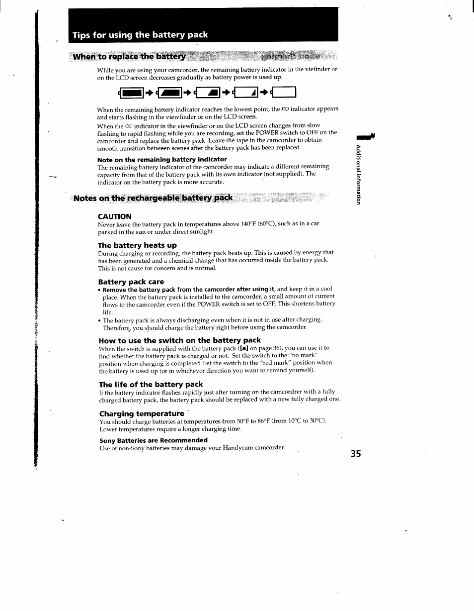 Tips for using the battery pack, When to replace the battery, Note on the remaining battery indicator | Notes on the rechargeable battery pack, Caution, The battery heats up, Battery pack care, How to use the switch on the battery pack, The life of the battery pack, Charging temperature | Sony CCD-TRV12 User Manual | Page 35 / 56