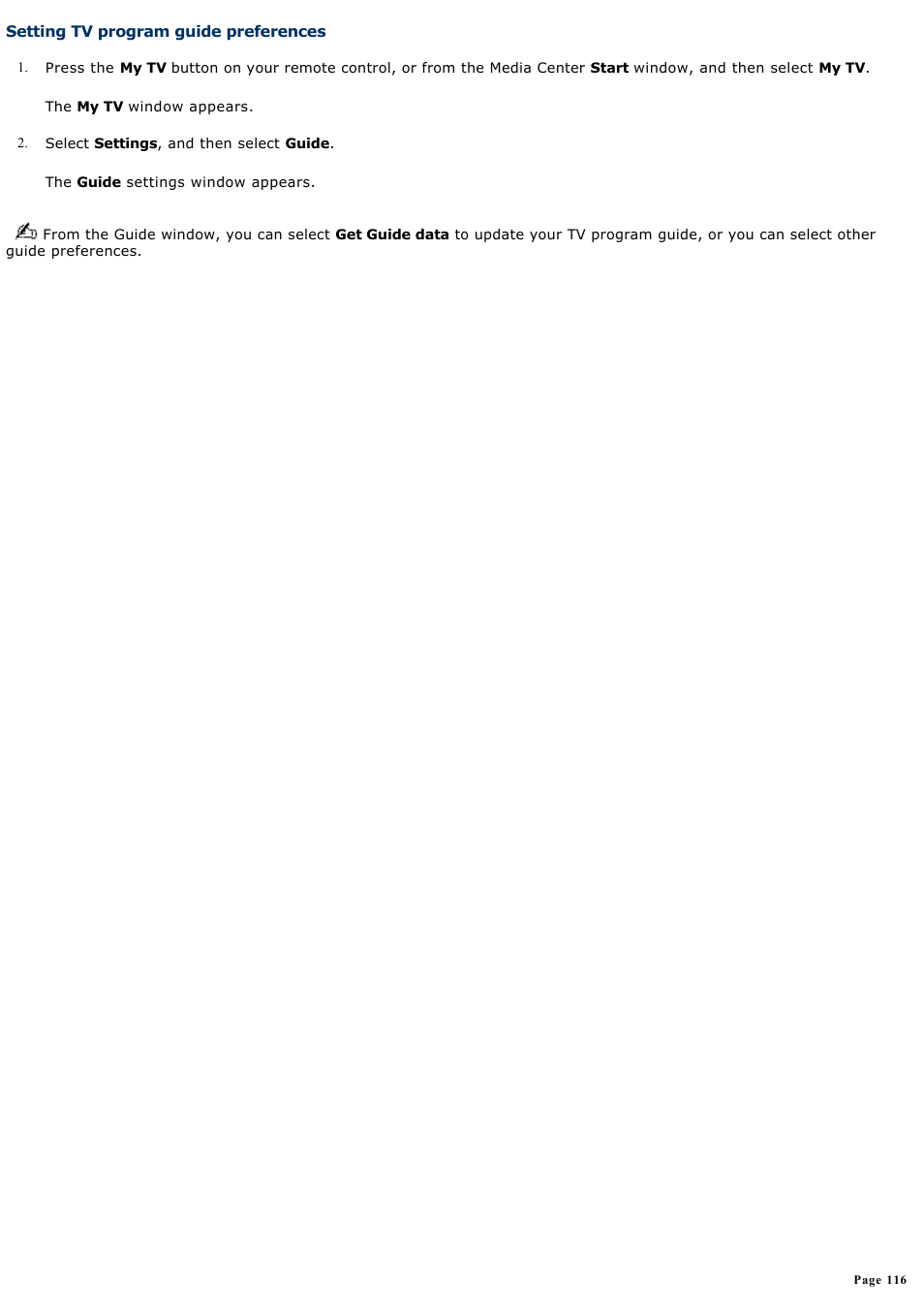 Setting tv program guide preferences | Sony VGC-RA910G User Manual | Page 116 / 254