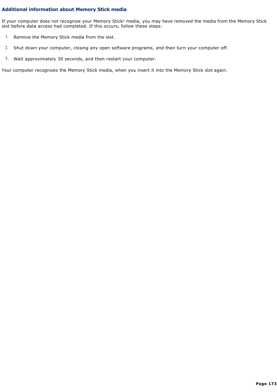 Additional information about memory stick media | Sony VGC-RA910G User Manual | Page 173 / 254