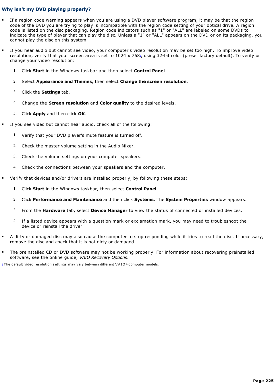 Why isn't my dvd playing properly | Sony VGC-RA910G User Manual | Page 225 / 254