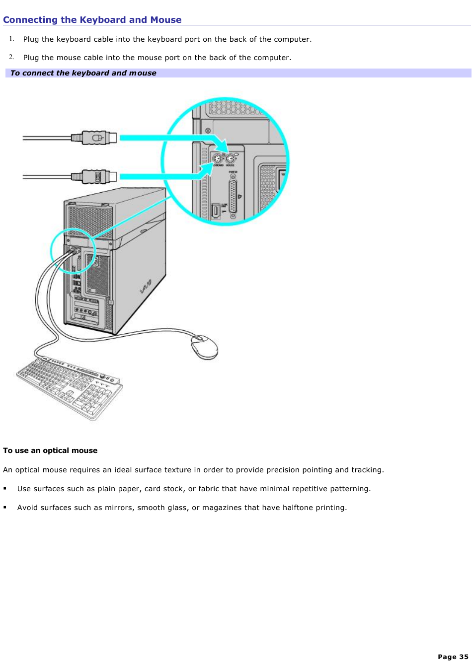 Connecting the keyboard and mouse | Sony VGC-RA910G User Manual | Page 35 / 254