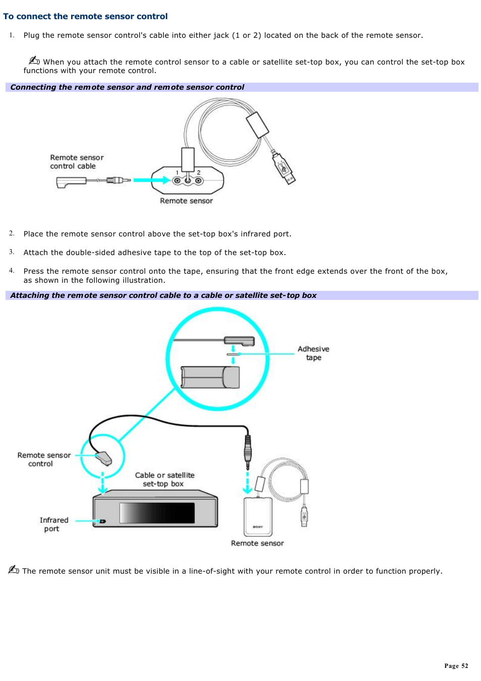 To connect the remote sensor control | Sony VGC-RA910G User Manual | Page 52 / 254