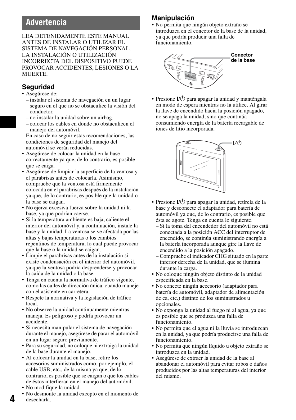 Advertencia, Seguridad, Manipulación | Sony NV-U70 User Manual | Page 46 / 68