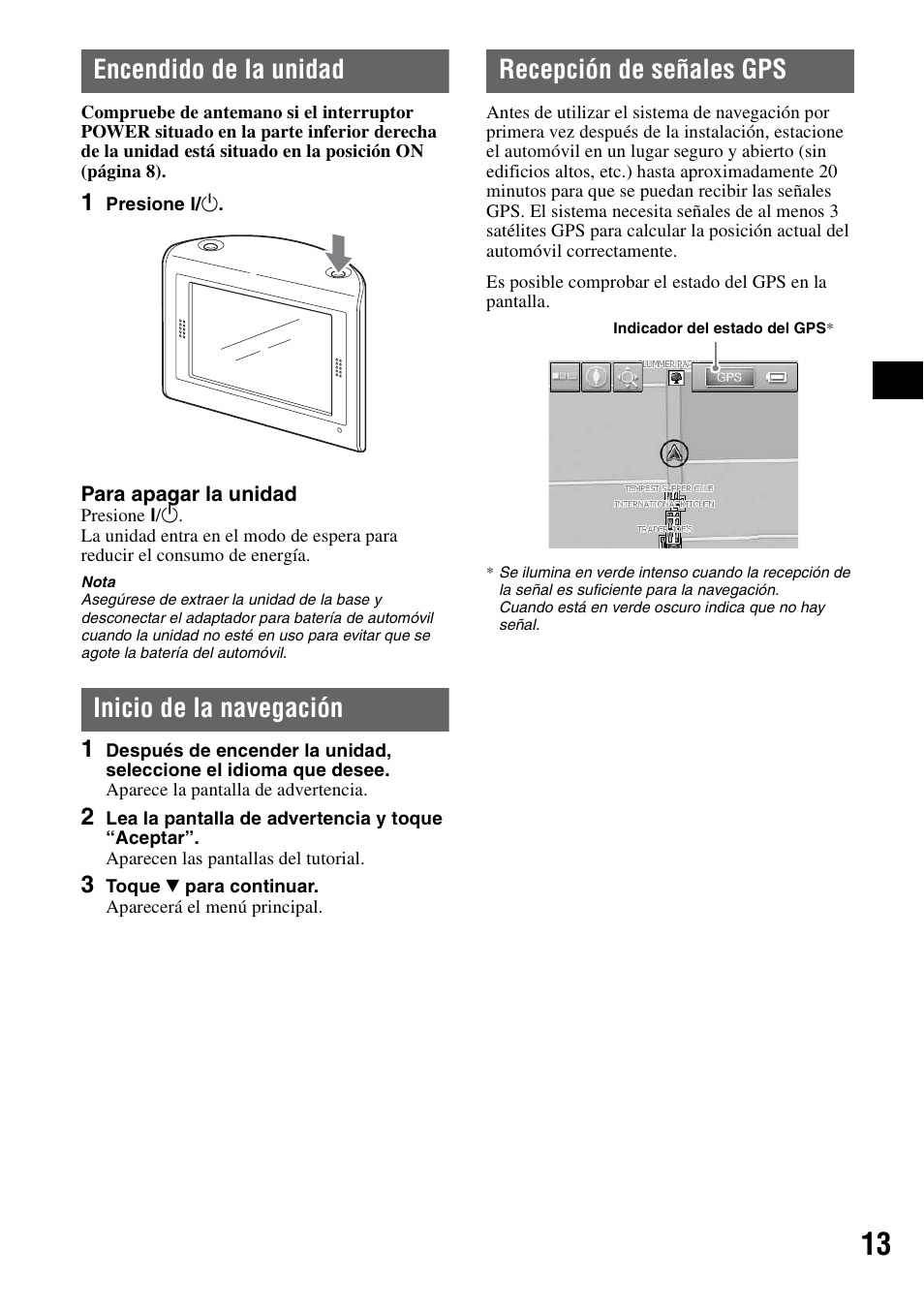 Encendido de la unidad, Inicio de la navegación, Recepción de señales gps | Sony NV-U70 User Manual | Page 55 / 68