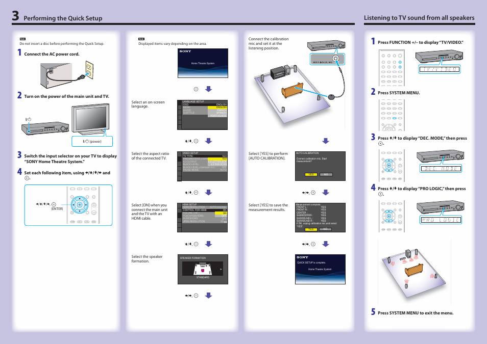 Listening to tv sound from all speakers, Performing the quick setup | Sony DAV-HDX285 User Manual | Page 2 / 2
