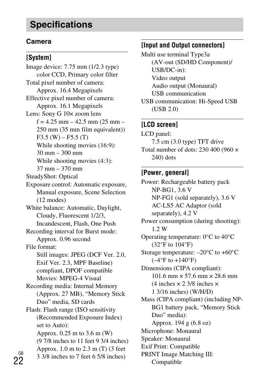 Specifications | Sony DSC-H70 User Manual | Page 22 / 48